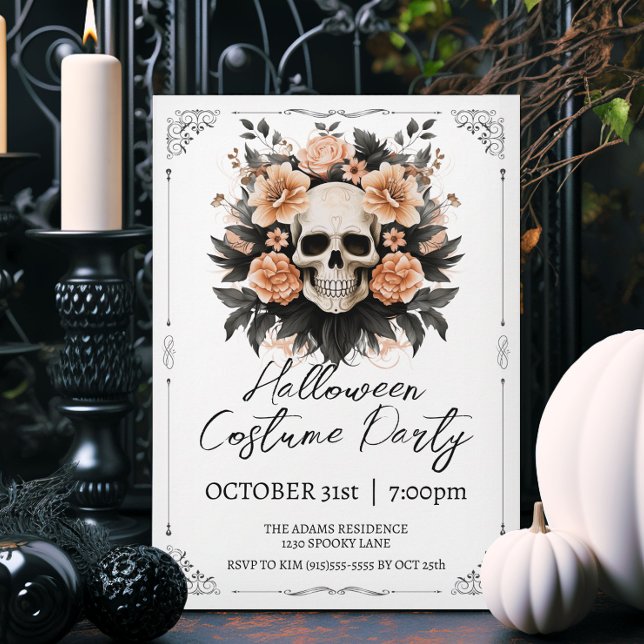 Vintage Skull Halloween Invitation (Elegant vintage style Halloween party invitations.)