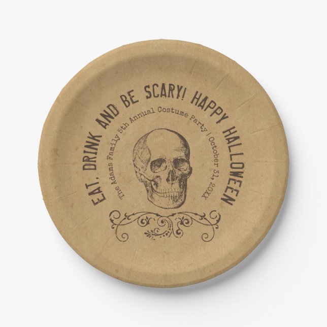 Vintage Skull Personalised Halloween Party Paper Plate (Front)