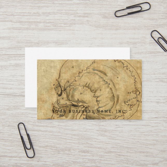 Vintage Skull Profile Engraving Lettered Business Card (Front/Back In Situ)