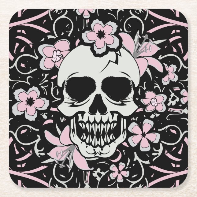 Vintage Skull Square Paper Coaster (Front)
