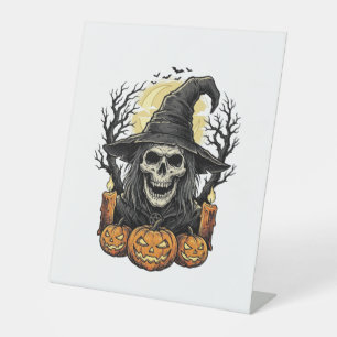 Vintage Skull Witch Halloween Pumpkin Vector Desig Pedestal Sign