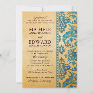 Vintage Sky Blue Damask Lace Wedding Invitation