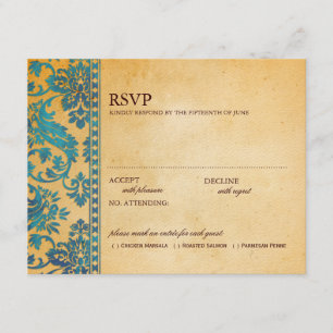 Vintage Sky Blue Damask Lace Wedding RSVP Card
