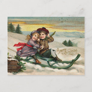Vintage Sledding Boy And Girl Postcard