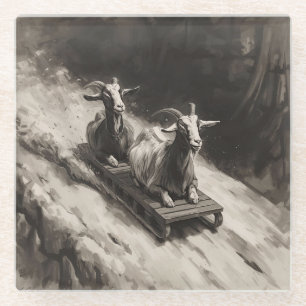 Vintage Sledding Goats, Glass Coaster