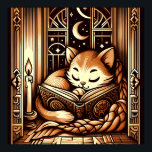 Vintage Sleeping Art Deco Style Cat With A Book Poster<br><div class="desc">Adorable vintage art deco art style illustration of a cat sleeping on a book by candle light,  in front of a window with a night sky with moon and stars outside. The colours are a brown sepia tones.</div>