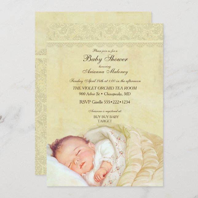 Vintage Sleeping Baby Soft Pastel Yellow Lace Invitation (Front/Back)