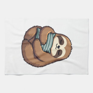 Vintage Sleepy Sloth Cozy Pillow Illustration 2 Tea Towel