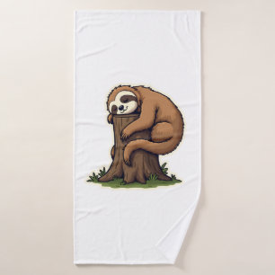 Vintage Sleepy Sloth Forest Log Cute Animal Art 2 Bath Towel