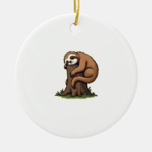 Vintage Sleepy Sloth Forest Log Cute Animal Art 2 Ceramic Ornament