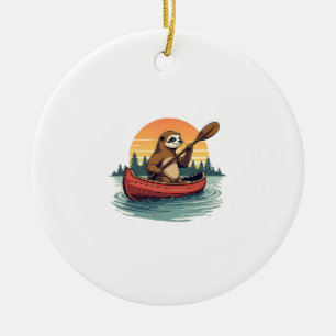Vintage Sloth Canoe Sunset Retro Wildlife Art 2 Ceramic Ornament