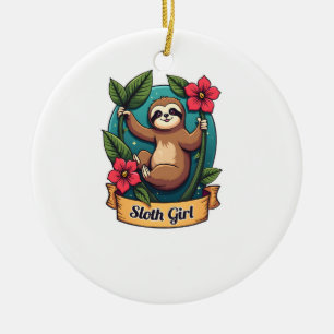 Vintage Sloth Flower Girl Cute Tropical Retro Shir Ceramic Ornament