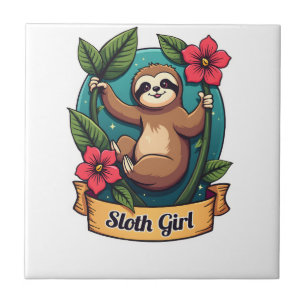 Vintage Sloth Flower Girl Cute Tropical Retro Shir Ceramic Tile
