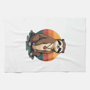 Vintage Sloth Heart Cute Retro Animal Illustration Tea Towel