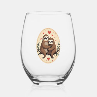 Vintage Sloth Love Retro Valentine Shirt 2 Stemless Wine Glass