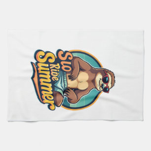 Vintage Sloth Summer Retro Beach Vibes Design 2 Tea Towel