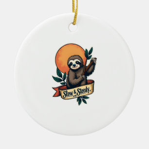 Vintage Sloth T-Shirt Slow and Steady Humor Design Ceramic Ornament