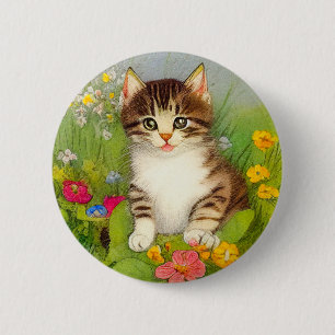 Vintage Smiling Cat Illustration 6 Cm Round Badge