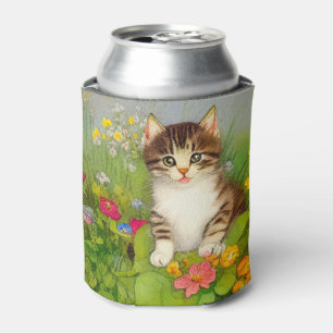 Vintage Smiling Cat Illustration Can Cooler