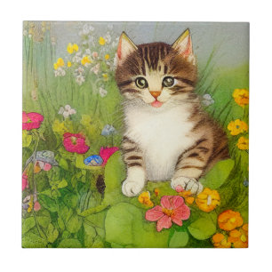 Vintage Smiling Cat Illustration Ceramic Tile