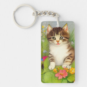 Vintage Smiling Cat Illustration Key Ring