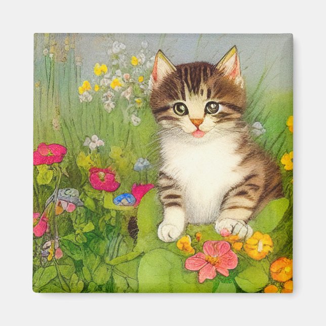 Vintage Smiling Cat Illustration Magnet (Front)