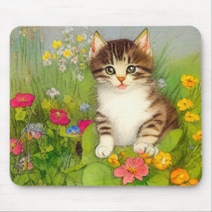 Vintage Smiling Cat Illustration Mouse Pad