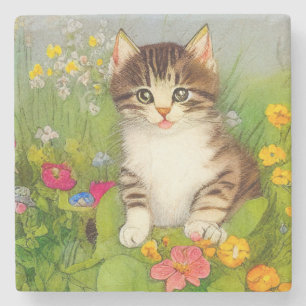 Vintage Smiling Cat Illustration Stone Coaster