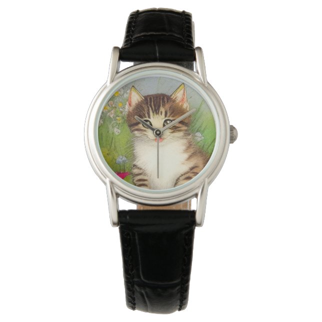 Vintage Smiling Cat Illustration Watch (Front)