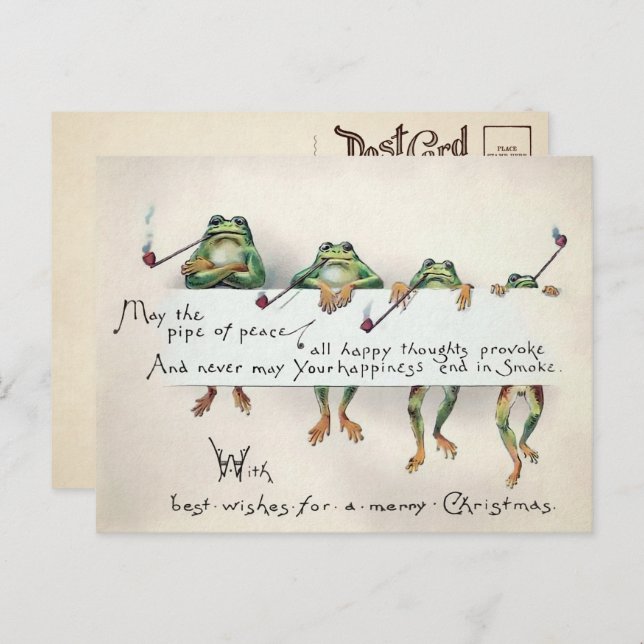 Vintage Smoking Frogs Christmas Postcard  (Front/Back)