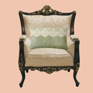 Vintage Smoky Green Faded Damask Faux Lace Lumbar Cushion