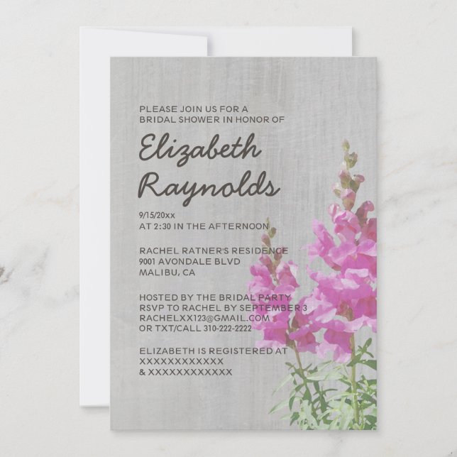 Vintage Snapdragon Bridal Shower Invitations (Front)