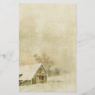 Vintage Snow Barn in Winter Background Stationery