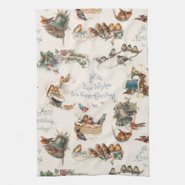 Vintage Snow Birds and Christmas Greetings Tea Towel (Vertical)