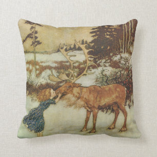 Vintage Snow Queen with Gerda and Reindeer Cushion