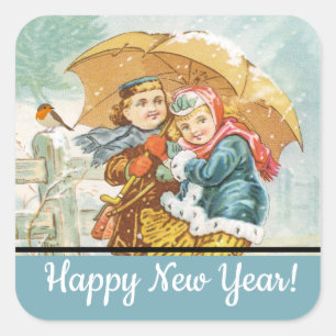 Vintage Snow Scene Happy New Year Square Sticker