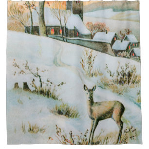 Vintage snow winter landscape with deer shower curtain