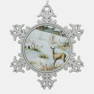 Vintage snow winter landscape with deer snowflake pewter christmas ornament