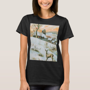 Vintage snow winter landscape with deer T-Shirt