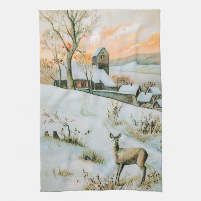 Vintage snow winter landscape with deer  tea towel (Vertical)