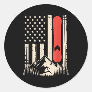 Vintage snowboard mountain american flag design classic round sticker
