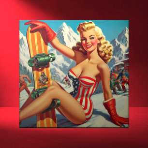 Vintage Snowboard Pin Up Ceramic Tile