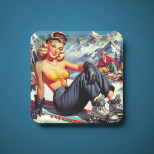Vintage Snowboard Pin-up Paper Plate
