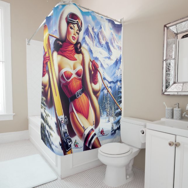 Vintage Snowboard Pin-Up Shower Curtain (In Situ)