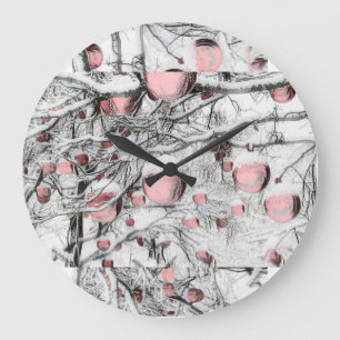 Vintage Snowed Trees with ornaments drawing Large Clock