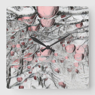 Vintage Snowed Trees with ornaments drawing  Square Wall Clock