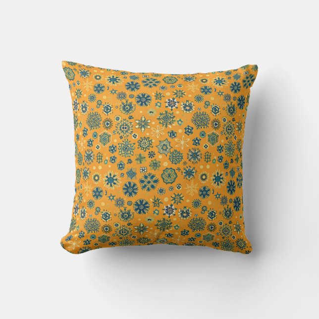 Vintage Snowflakes on Yellow Cushion (Front)
