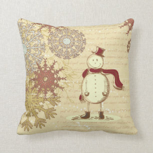 Vintage snowman and snowflakes cushion