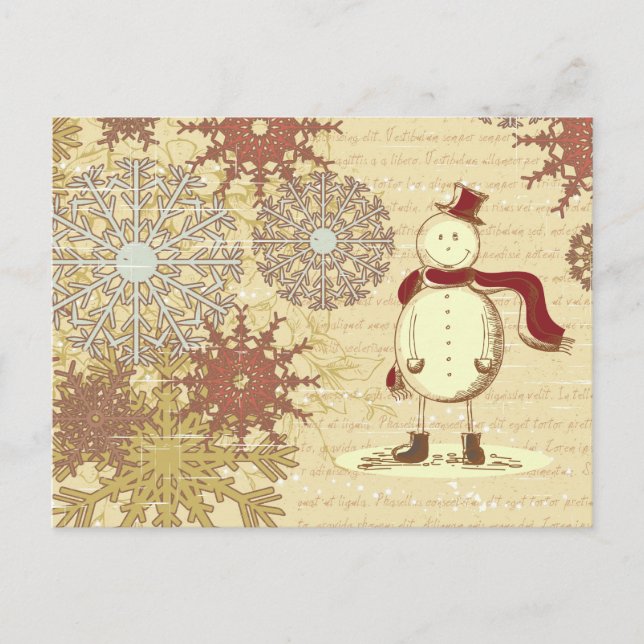 Vintage snowman and snowflakes holiday postcard (Front)