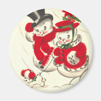 Vintage Snowman and Snowwoman Round Magnet